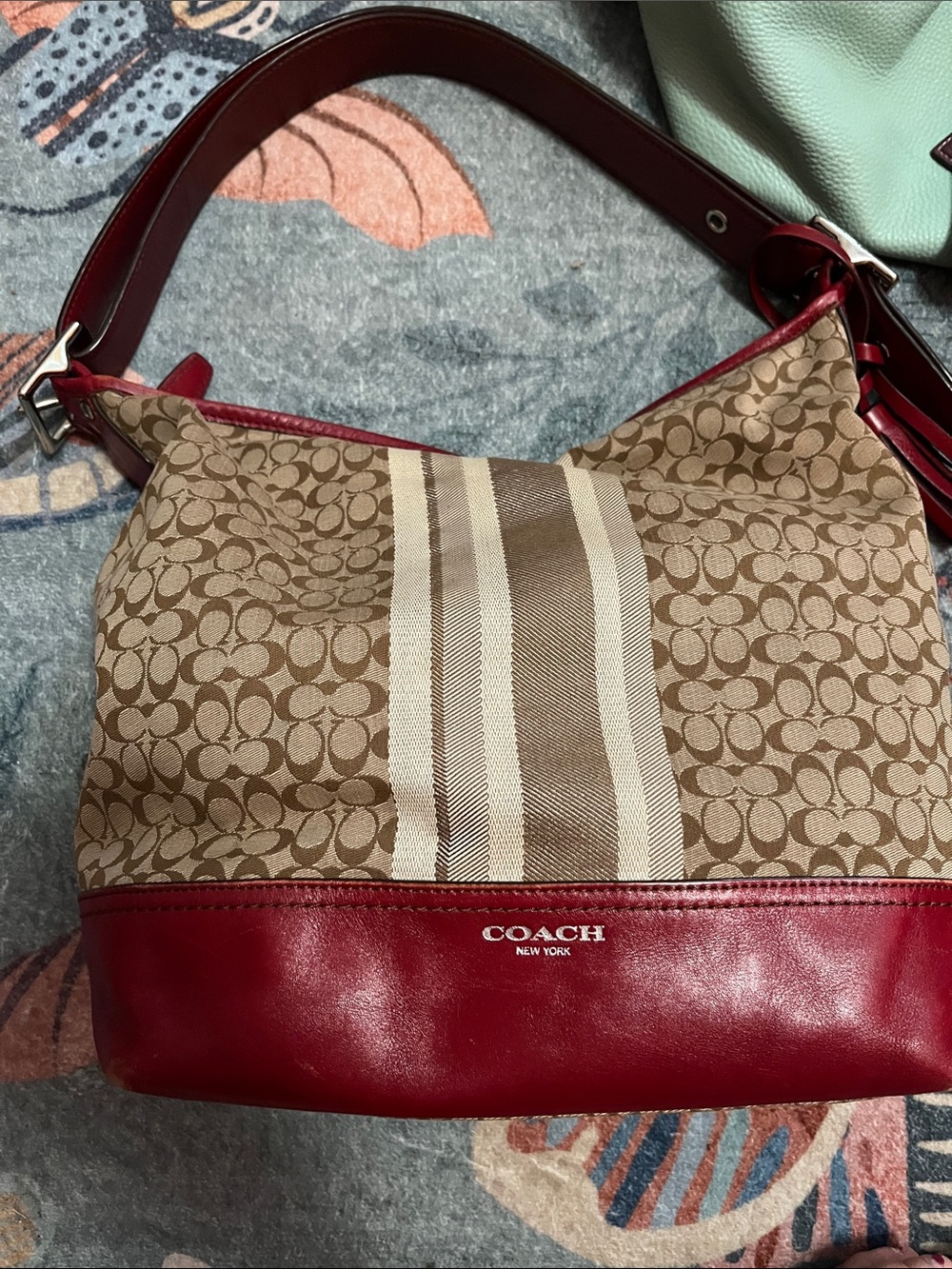 Coach Brown Signature Hobo Bag with Red Leather Trim